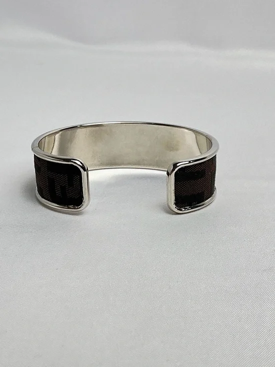FENDI Brown Monogram Cloth Canvas Silver Cuff Bangle Bracelet - Picture 6 of 8